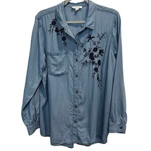 Beach lunch lounge denim‎ blue long tail button front shirt size XL